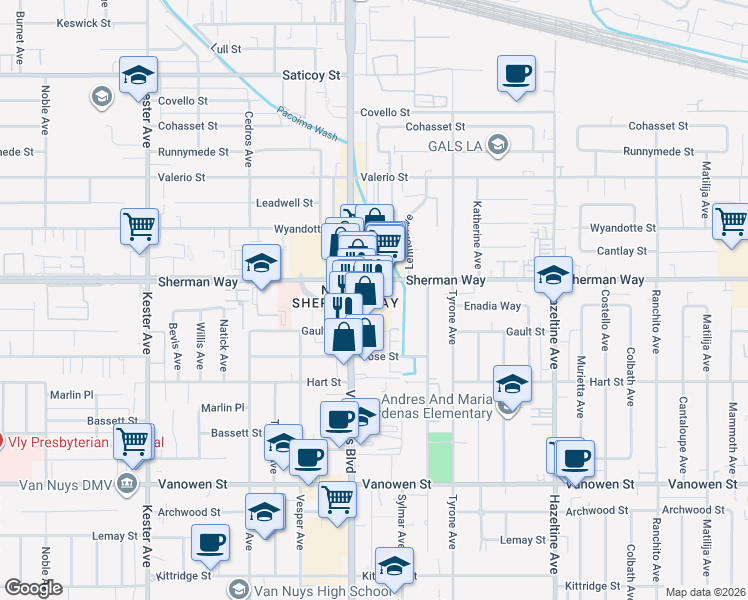 map of restaurants, bars, coffee shops, grocery stores, and more near 7138 Van Nuys Boulevard in Los Angeles