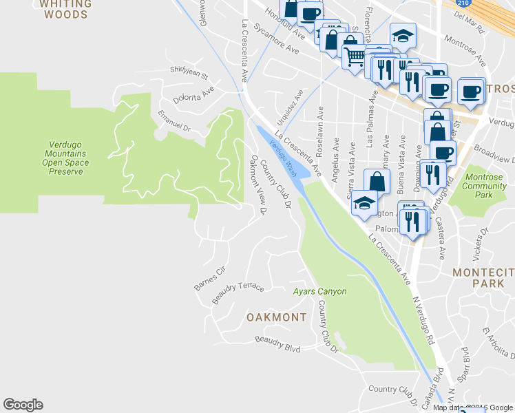 map of restaurants, bars, coffee shops, grocery stores, and more near 3381 Oakmont View Drive in Glendale
