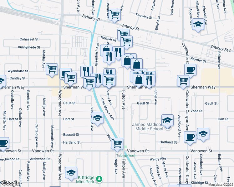 map of restaurants, bars, coffee shops, grocery stores, and more near 7124 Nagle Avenue in Los Angeles