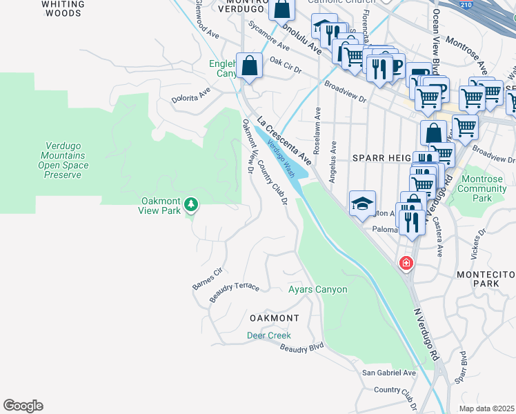 map of restaurants, bars, coffee shops, grocery stores, and more near 3375 Oakmont View Drive in Glendale