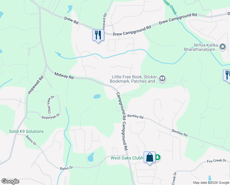 map of restaurants, bars, coffee shops, grocery stores, and more near 7681 Campground Road in Cumming