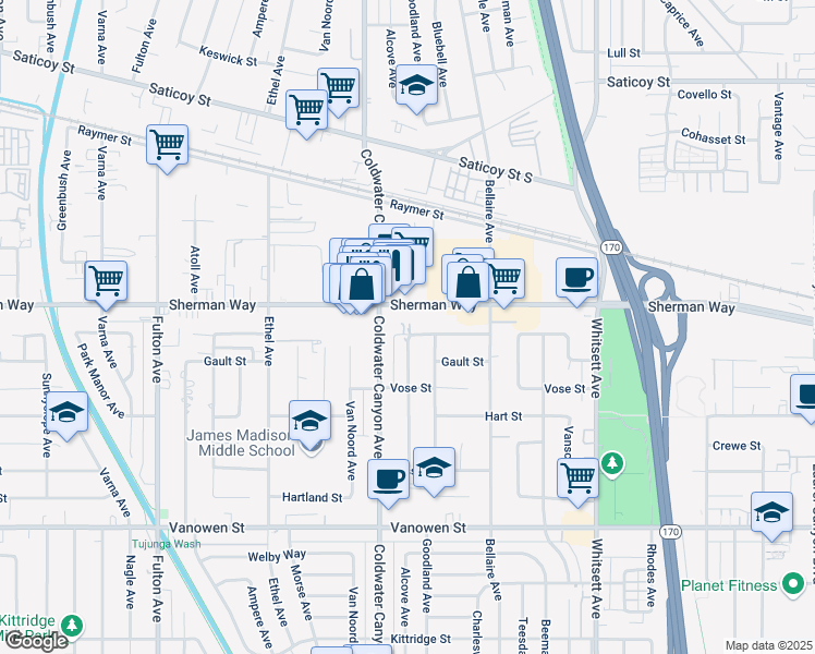 map of restaurants, bars, coffee shops, grocery stores, and more near 7127 Alcove Avenue in Los Angeles