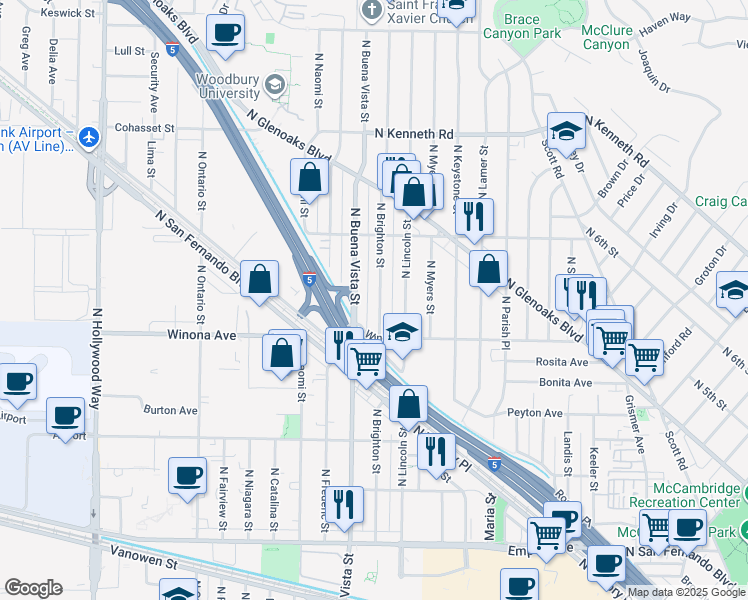 map of restaurants, bars, coffee shops, grocery stores, and more near 2420 North Brighton Street in Burbank