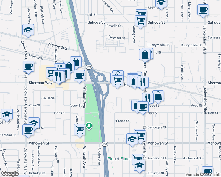 map of restaurants, bars, coffee shops, grocery stores, and more near 12312 Sherman Way in Los Angeles