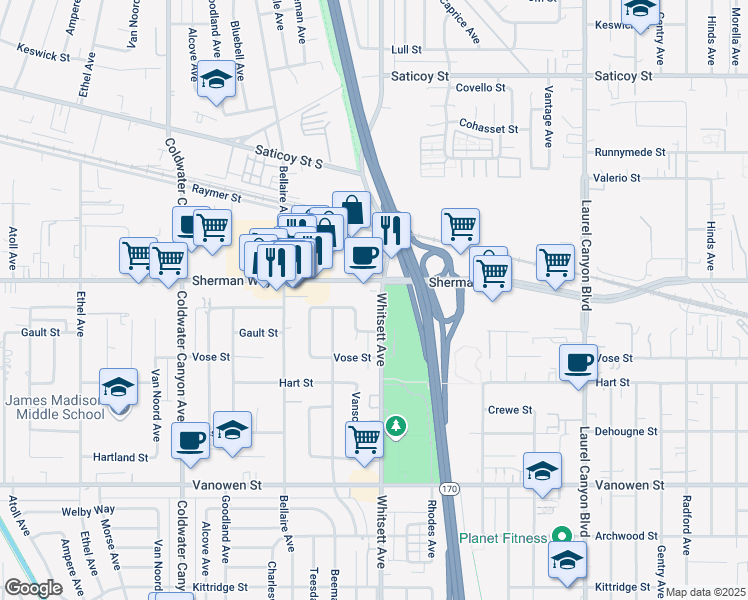 map of restaurants, bars, coffee shops, grocery stores, and more near 7117 Whitsett Avenue in Los Angeles
