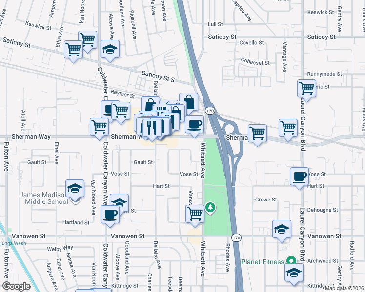 map of restaurants, bars, coffee shops, grocery stores, and more near 7120 Babcock Avenue in Los Angeles