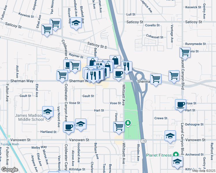 map of restaurants, bars, coffee shops, grocery stores, and more near 7120 Babcock Avenue in Los Angeles