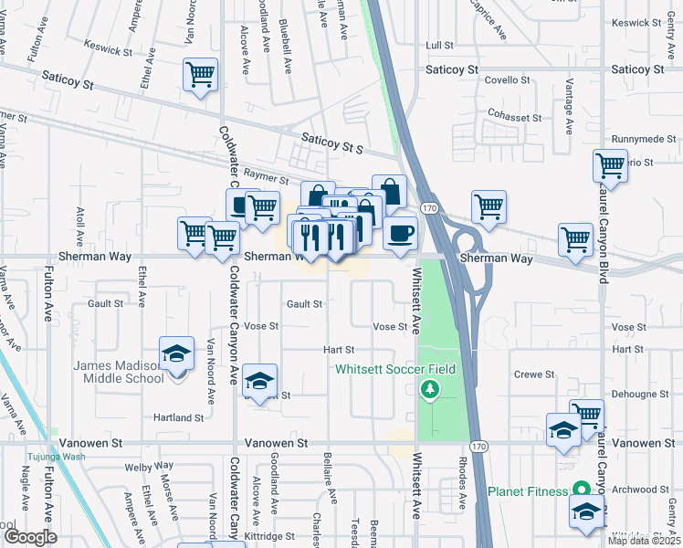 map of restaurants, bars, coffee shops, grocery stores, and more near 7125 Teesdale Avenue in Los Angeles