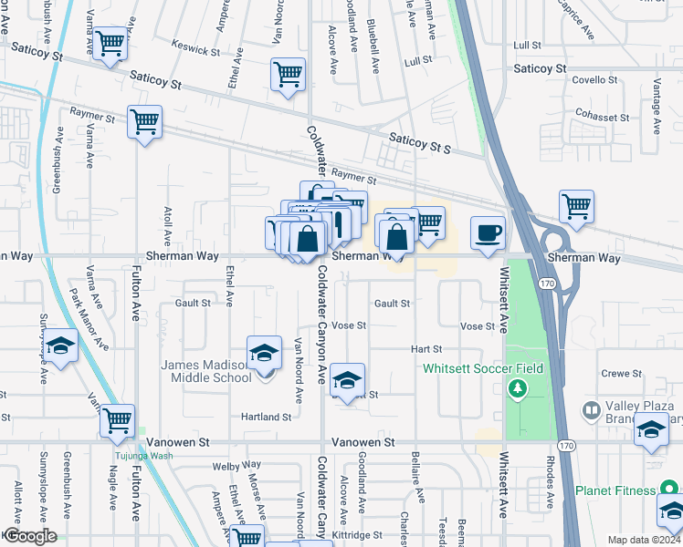 map of restaurants, bars, coffee shops, grocery stores, and more near 7127 Alcove Avenue in Los Angeles