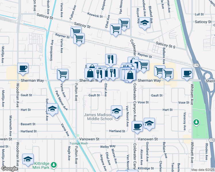 map of restaurants, bars, coffee shops, grocery stores, and more near 7119 Wortser Avenue in Los Angeles