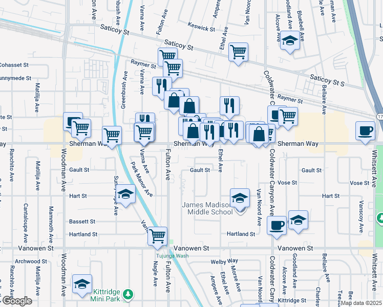 map of restaurants, bars, coffee shops, grocery stores, and more near 13205 Barbara Ann Street in North Hollywood