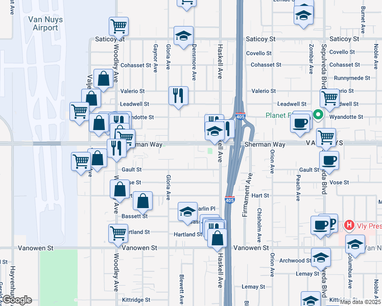 map of restaurants, bars, coffee shops, grocery stores, and more near 15811 Gault Street in Los Angeles