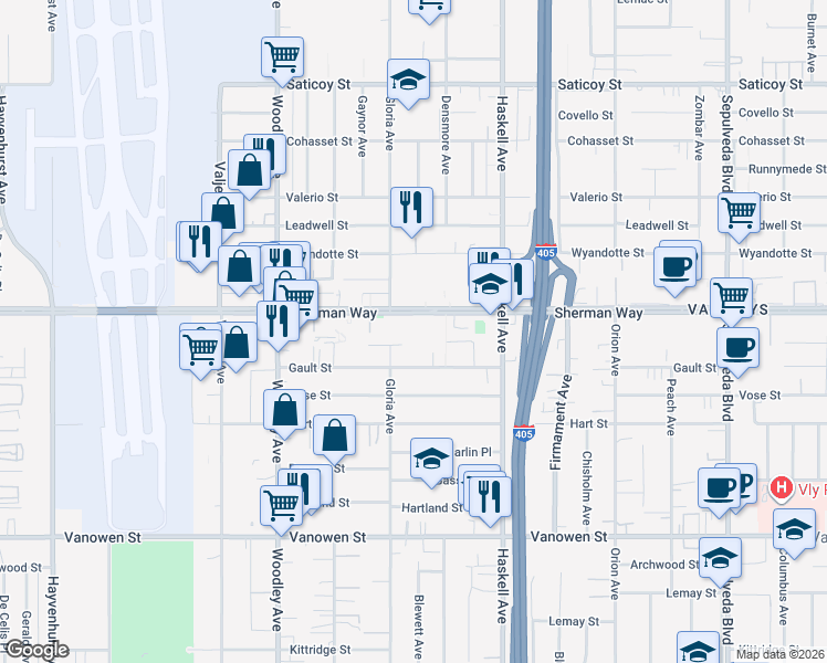 map of restaurants, bars, coffee shops, grocery stores, and more near 15860 Enadia Way in Los Angeles