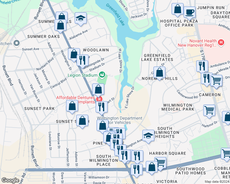 map of restaurants, bars, coffee shops, grocery stores, and more near 2256 West Lake Shore Drive in Wilmington
