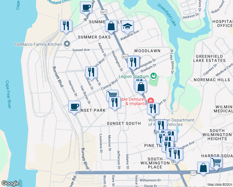 map of restaurants, bars, coffee shops, grocery stores, and more near 245 Southern Boulevard in Wilmington
