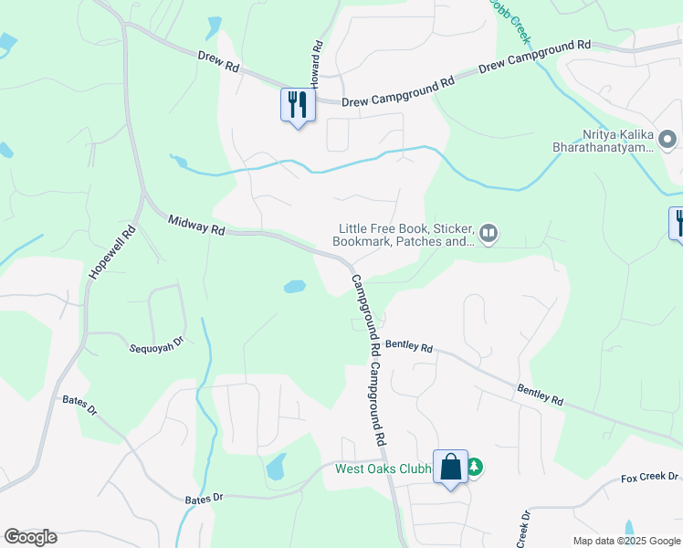 map of restaurants, bars, coffee shops, grocery stores, and more near 7619 Campground Road in Cumming