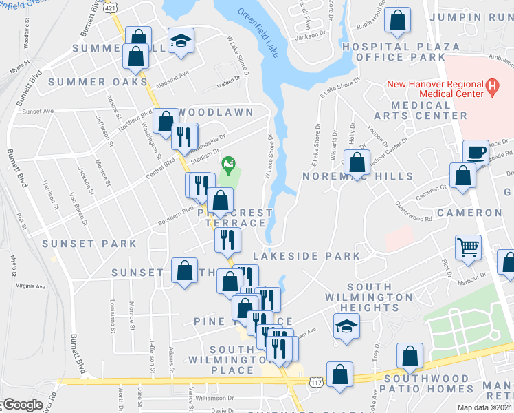 map of restaurants, bars, coffee shops, grocery stores, and more near 2256 West Lake Shore Drive in Wilmington