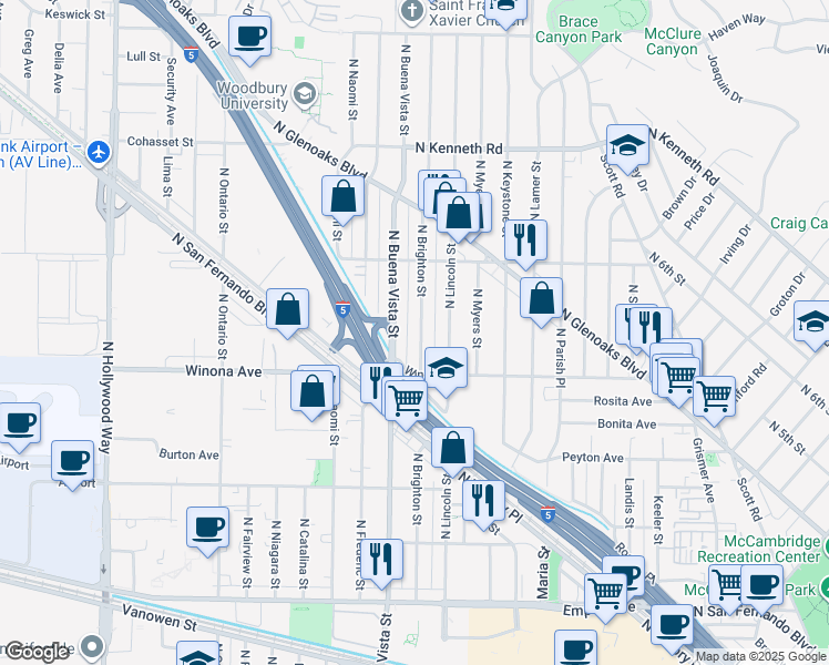 map of restaurants, bars, coffee shops, grocery stores, and more near 2420 North Brighton Street in Burbank