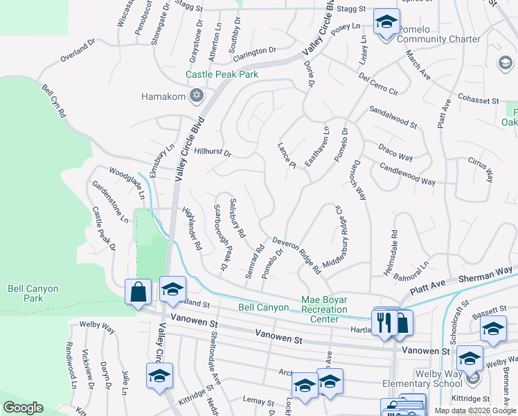 map of restaurants, bars, coffee shops, grocery stores, and more near 7137 Deveron Ridge Road in Los Angeles