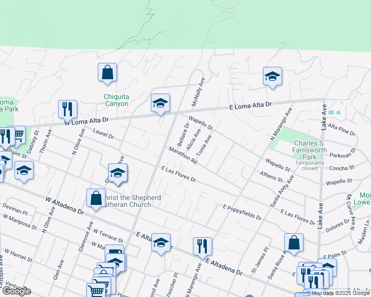 map of restaurants, bars, coffee shops, grocery stores, and more near 3277 Alicia Avenue in Altadena