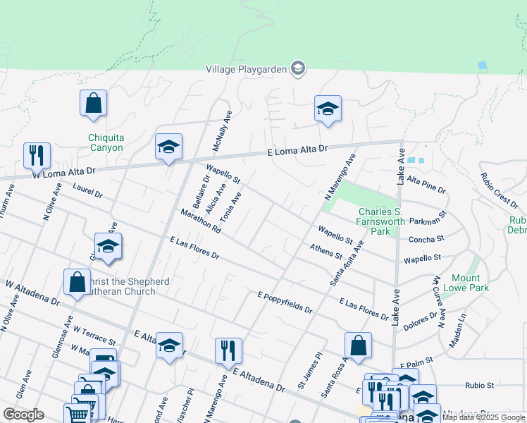 map of restaurants, bars, coffee shops, grocery stores, and more near 3345 North Raymond Avenue in Altadena