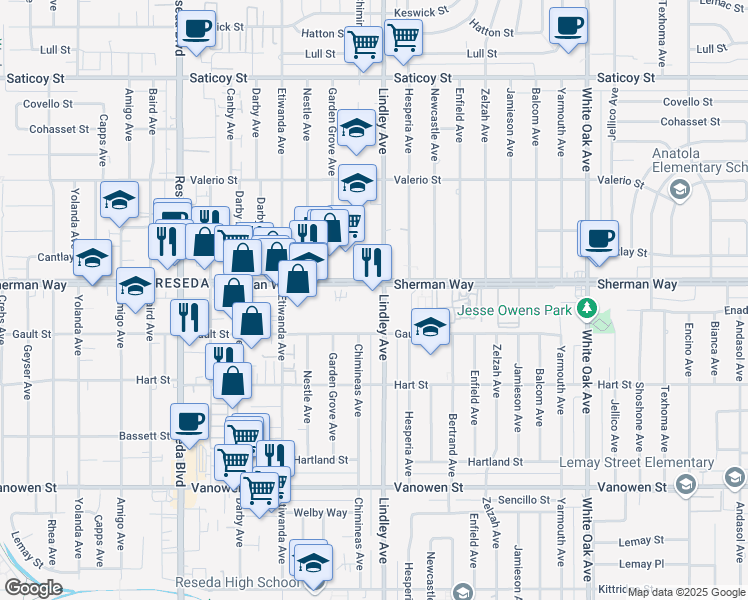 map of restaurants, bars, coffee shops, grocery stores, and more near 7113 Lindley Avenue in Los Angeles