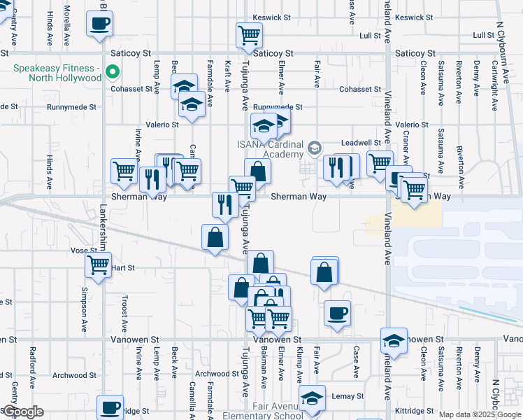 map of restaurants, bars, coffee shops, grocery stores, and more near 7145 Tujunga Avenue in Los Angeles