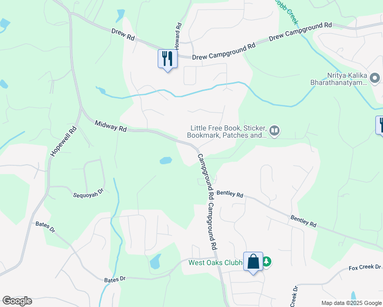 map of restaurants, bars, coffee shops, grocery stores, and more near 7619 Campground Road in Cumming