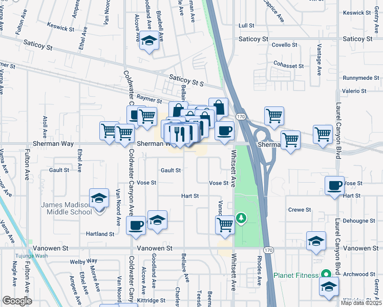 map of restaurants, bars, coffee shops, grocery stores, and more near 7140 Bellaire Avenue in Los Angeles