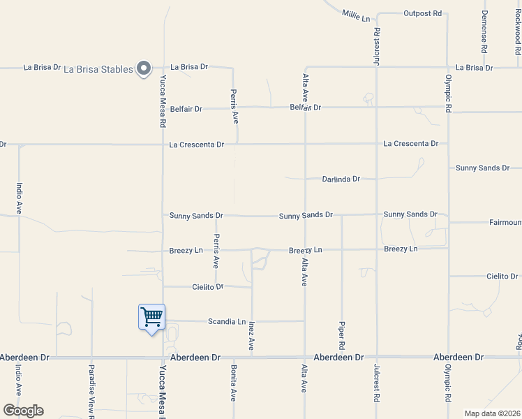 map of restaurants, bars, coffee shops, grocery stores, and more near 59524 Breezy Lane in Yucca Valley
