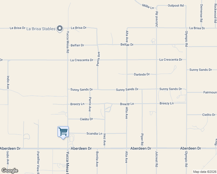 map of restaurants, bars, coffee shops, grocery stores, and more near Sunny Sands Drive in Yucca Valley