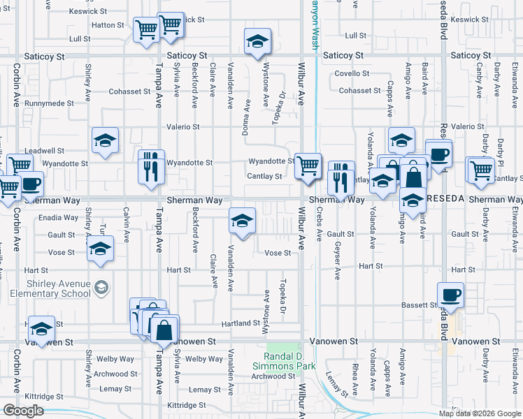 map of restaurants, bars, coffee shops, grocery stores, and more near 19000 Sherman Way in Los Angeles