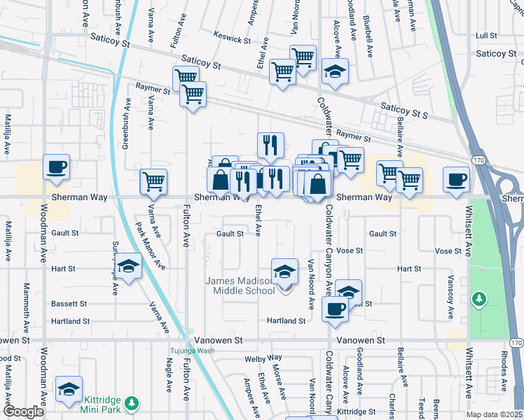 map of restaurants, bars, coffee shops, grocery stores, and more near 7142 Ethel Avenue in Los Angeles