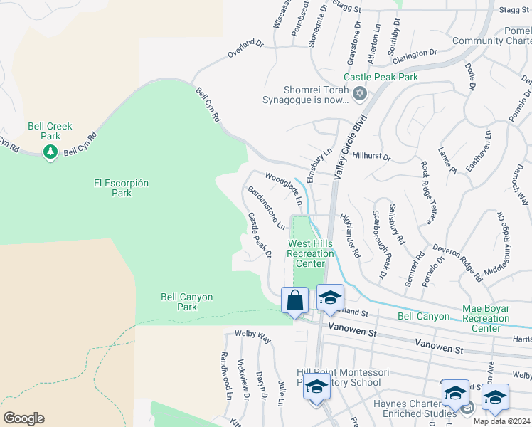 map of restaurants, bars, coffee shops, grocery stores, and more near 24600 Gardenstone Lane in Los Angeles