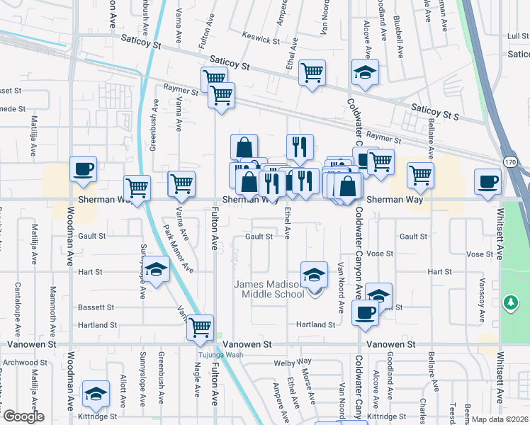 map of restaurants, bars, coffee shops, grocery stores, and more near 13131 Barbara Ann Street in Los Angeles