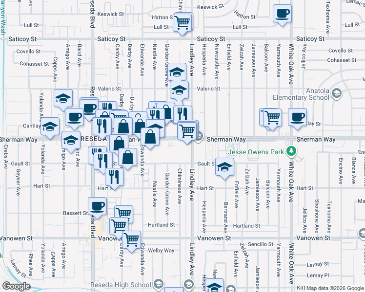 map of restaurants, bars, coffee shops, grocery stores, and more near 7113 Lindley Avenue in Los Angeles