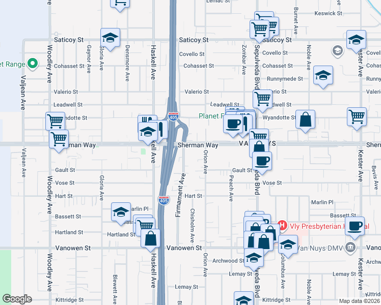 map of restaurants, bars, coffee shops, grocery stores, and more near 15540 Sherman Way in Los Angeles