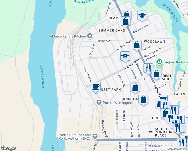 map of restaurants, bars, coffee shops, grocery stores, and more near 37 Central Boulevard in Wilmington