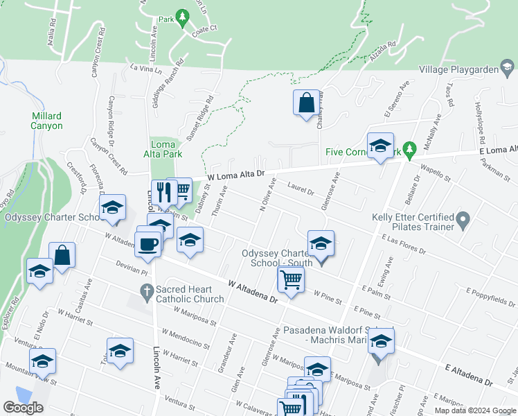 map of restaurants, bars, coffee shops, grocery stores, and more near 3241 North Olive Avenue in Altadena