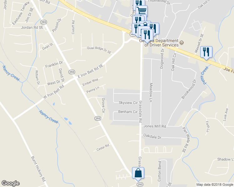 map of restaurants, bars, coffee shops, grocery stores, and more near 22 Skyview Circle in Cartersville