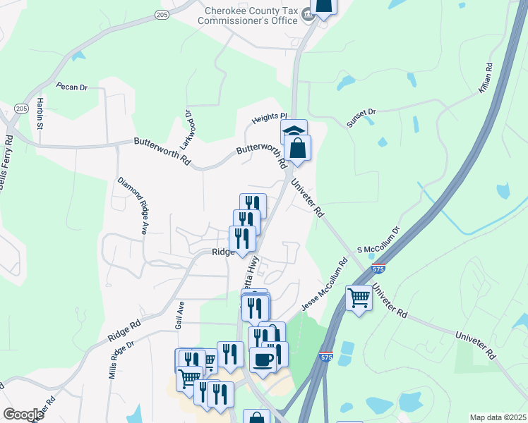 map of restaurants, bars, coffee shops, grocery stores, and more near 218 Piedmont Circle in Canton