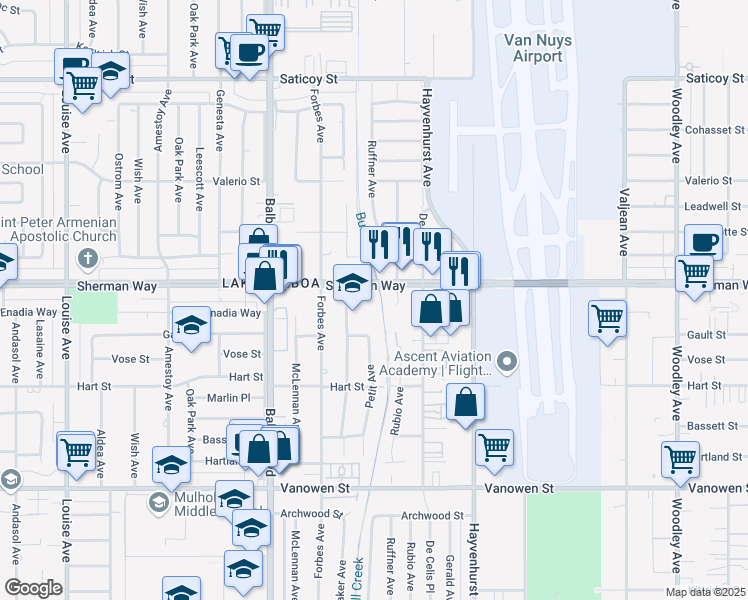 map of restaurants, bars, coffee shops, grocery stores, and more near 16710 Sherman Way in Los Angeles