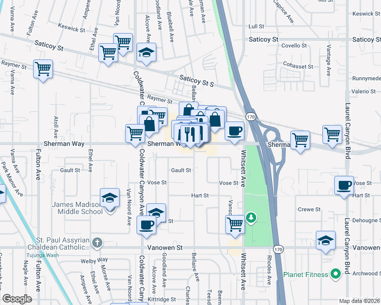 map of restaurants, bars, coffee shops, grocery stores, and more near 7143 Bellaire Avenue in Los Angeles