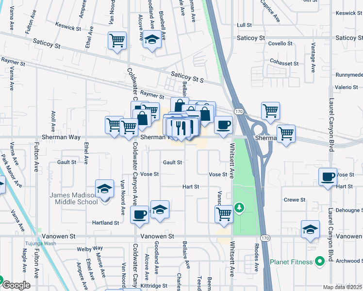map of restaurants, bars, coffee shops, grocery stores, and more near 7143 Bellaire Avenue in Los Angeles