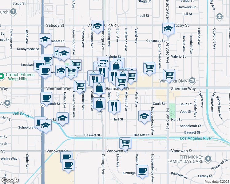 map of restaurants, bars, coffee shops, grocery stores, and more near 7121 Eton Avenue in Los Angeles