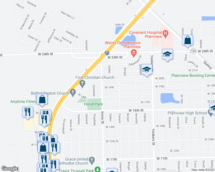map of restaurants, bars, coffee shops, grocery stores, and more near 3010 West 19th Street in Plainview