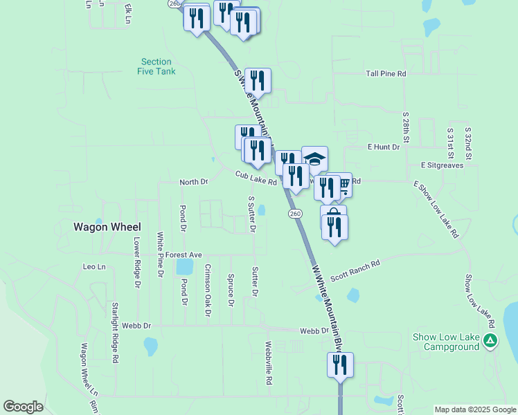 map of restaurants, bars, coffee shops, grocery stores, and more near 5471 Darren Drive in Show Low
