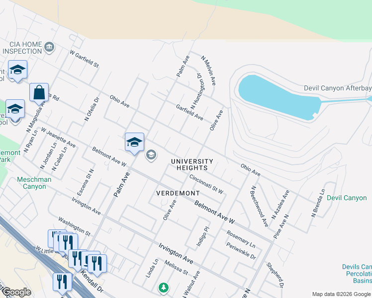 map of restaurants, bars, coffee shops, grocery stores, and more near in San Bernardino