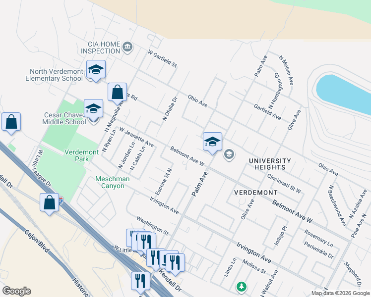 map of restaurants, bars, coffee shops, grocery stores, and more near 3105 Belmont Avenue West in San Bernardino