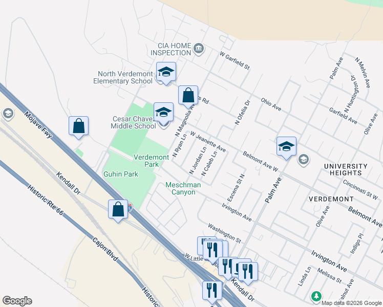 map of restaurants, bars, coffee shops, grocery stores, and more near 6522 Joshua Lane North in San Bernardino